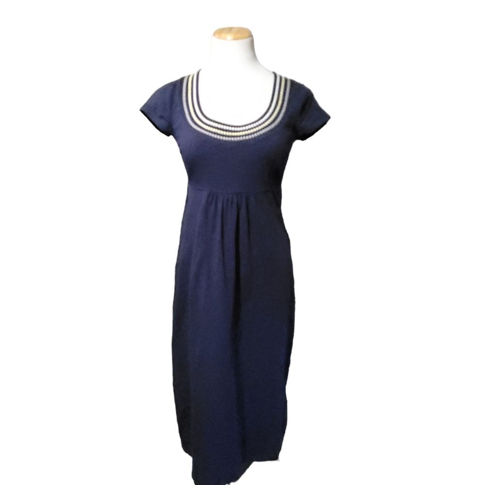 Boden Embroidered Scoop neck Navy Blue short sleeve Dress Womens Size 6L